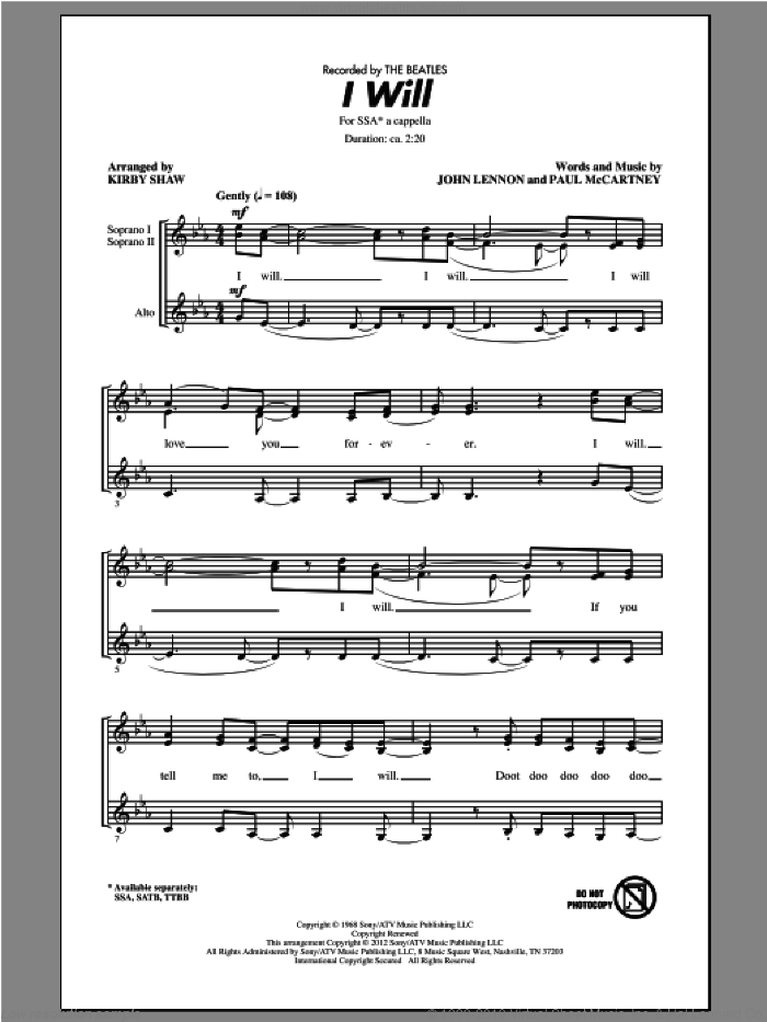 I Will sheet music for choir (SSA: soprano, alto) by The Beatles and Kirby Shaw, intermediate skill level