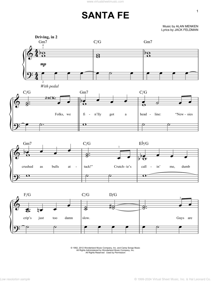 Santa Fe sheet music for piano solo by Alan Menken, Jack Feldman and Newsies (Musical), easy skill level