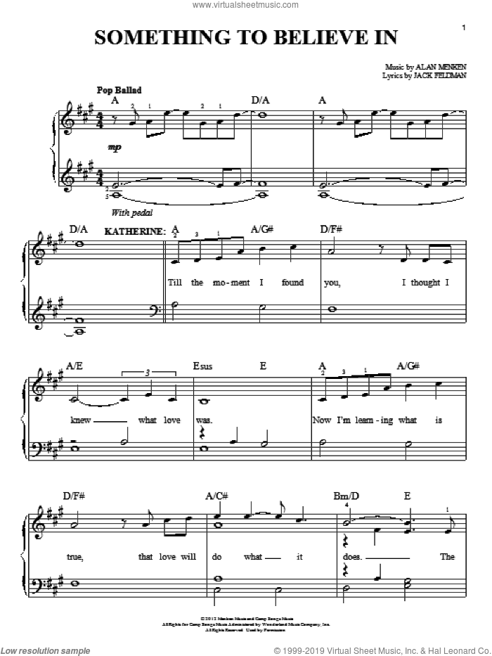 Something To Believe In sheet music for piano solo by Jack Feldman, Alan Menken and Newsies (Musical), easy skill level