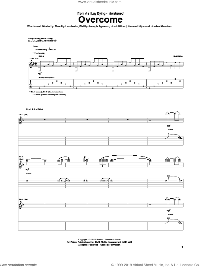 Overcome sheet music for guitar (tablature) by As I Lay Dying, intermediate skill level