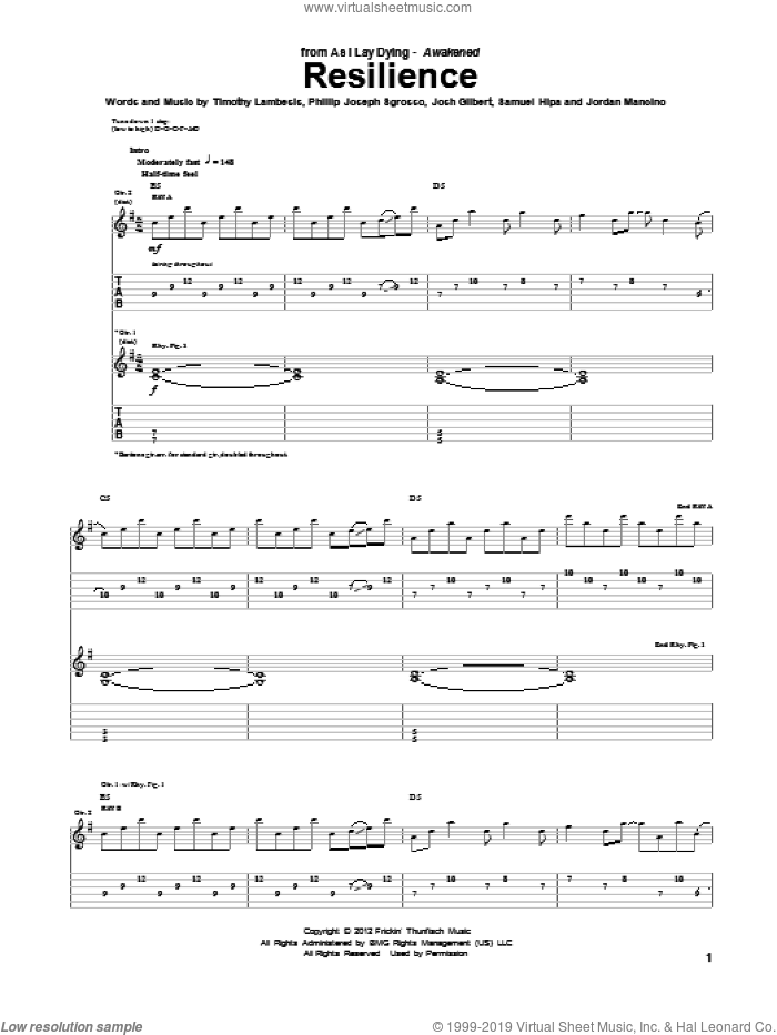 Resilience sheet music for guitar (tablature) by As I Lay Dying, intermediate skill level