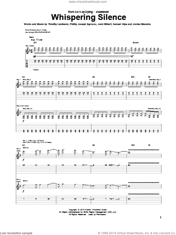 Whispering Silence sheet music for guitar (tablature) by As I Lay Dying, intermediate skill level
