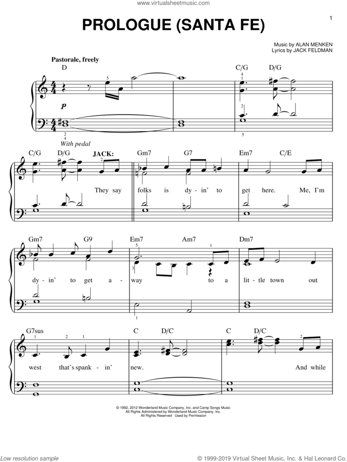 Prologue (Santa Fe) sheet music for piano solo by Alan Menken, Jack Feldman and Newsies (Musical), easy skill level