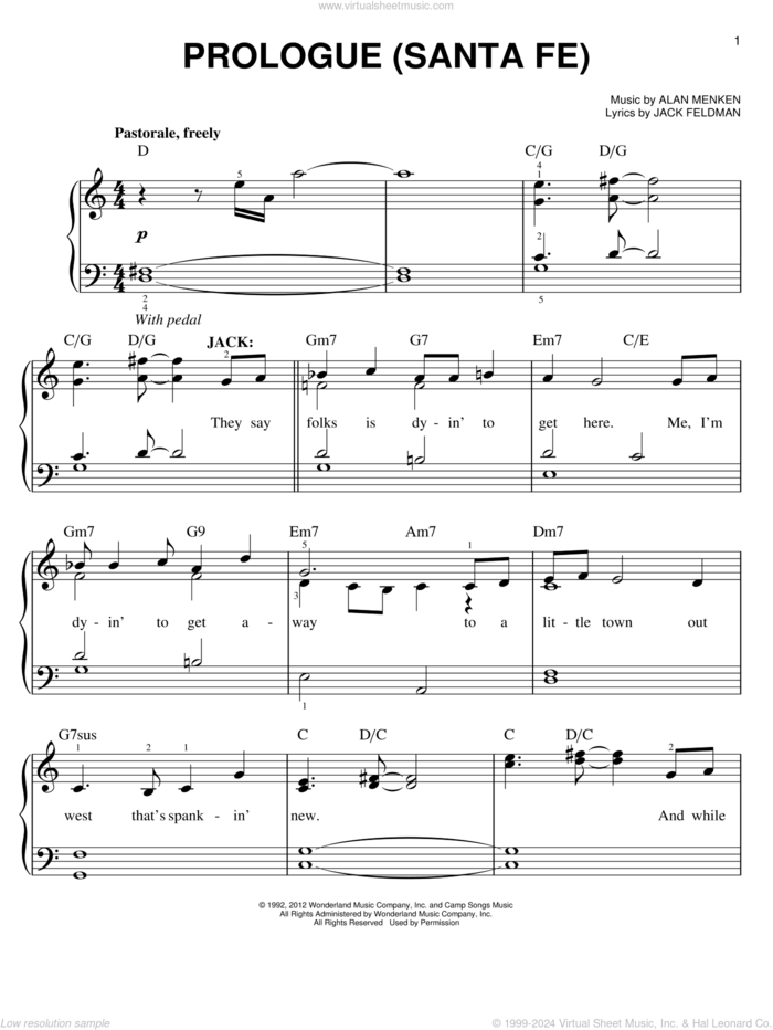 Prologue (Santa Fe) sheet music for piano solo by Alan Menken, Jack Feldman and Newsies (Musical), easy skill level