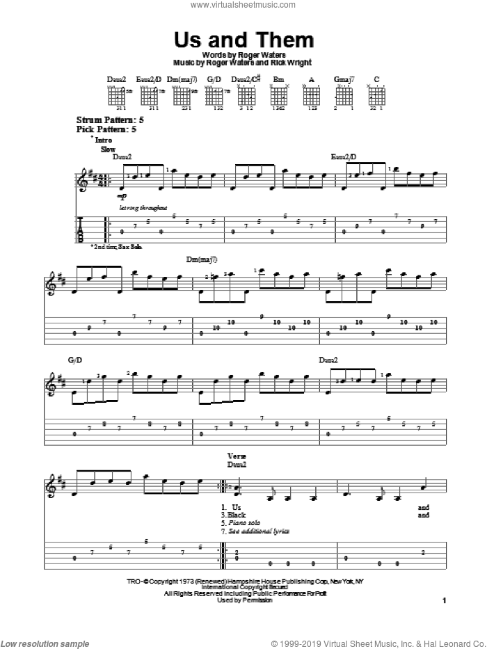 Us And Them sheet music for guitar solo (easy tablature) by Pink Floyd, Richard Wright and Roger Waters, easy guitar (easy tablature)