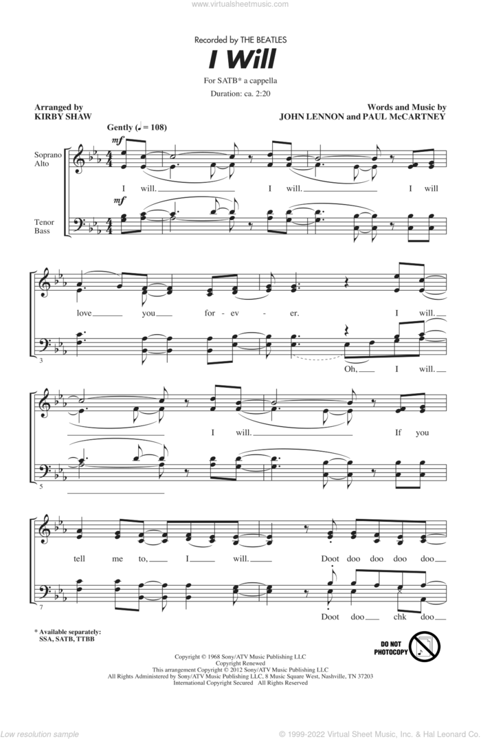 I Will (arr. Kirby Shaw) sheet music for choir (SATB: soprano, alto, tenor, bass) by The Beatles and Kirby Shaw, intermediate skill level