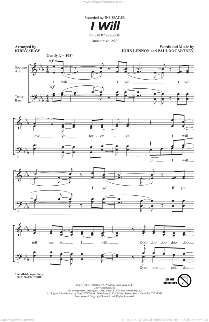 I Will (arr. Kirby Shaw) sheet music for choir (SATB: soprano, alto, tenor, bass) by The Beatles and Kirby Shaw, intermediate skill level