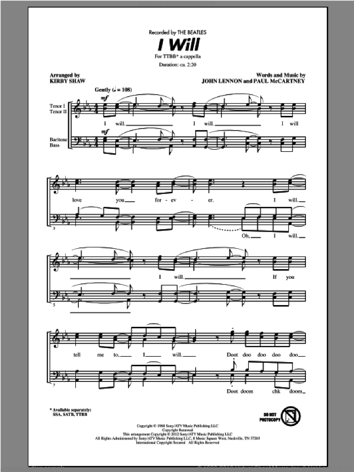 I Will sheet music for choir (TTBB: tenor, bass) by The Beatles and Kirby Shaw, intermediate skill level