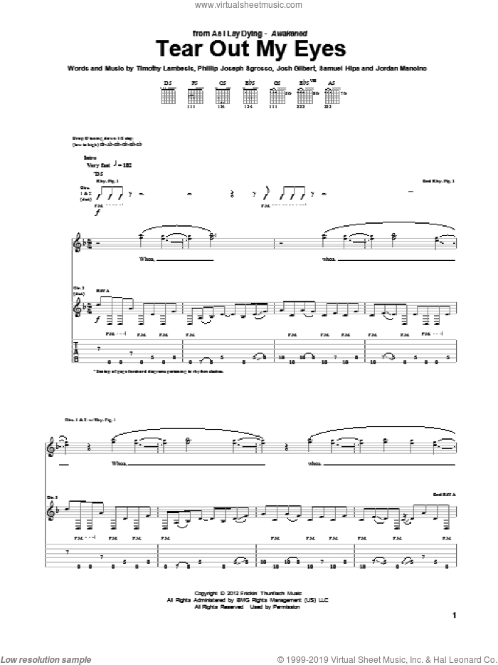 Tear Out My Eyes sheet music for guitar (tablature) by As I Lay Dying, intermediate skill level