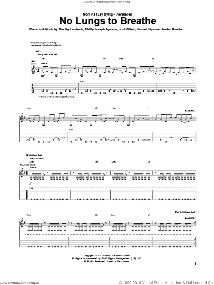 No Lungs To Breathe sheet music for guitar (tablature) by As I Lay Dying, intermediate skill level