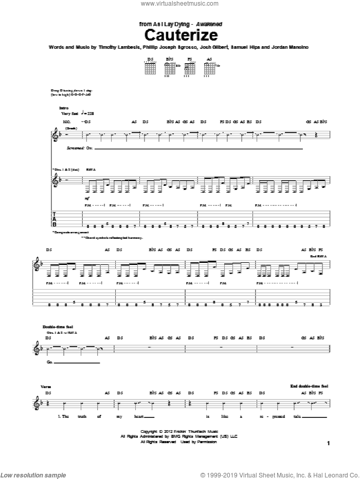 Cauterize sheet music for guitar (tablature) by As I Lay Dying, intermediate skill level