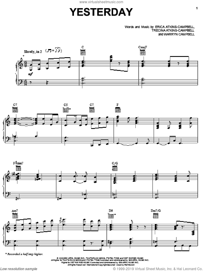 Yesterday sheet music for voice, piano or guitar by Mary Mary, Erica Atkins-Campbell, Trecina Atkins-Campbell and Warryn Campbell, intermediate skill level