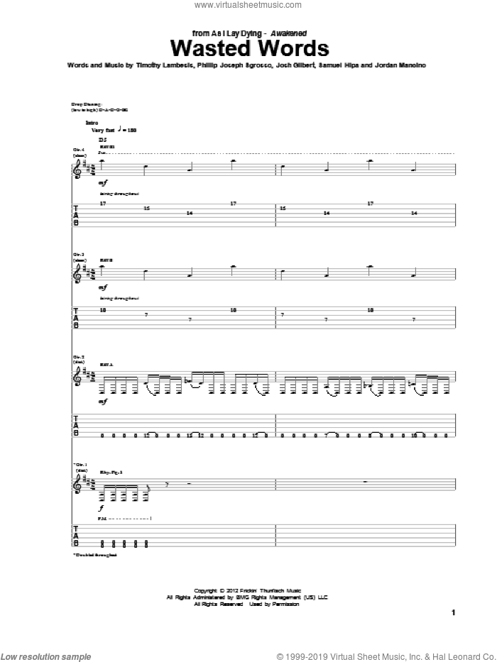 Wasted Words sheet music for guitar (tablature) by As I Lay Dying, intermediate skill level