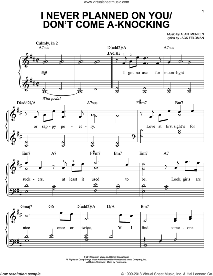 I Never Planned On You/Don't Come A-Knocking sheet music for piano solo by Jack Feldman, Alan Menken and Newsies (Musical), easy skill level