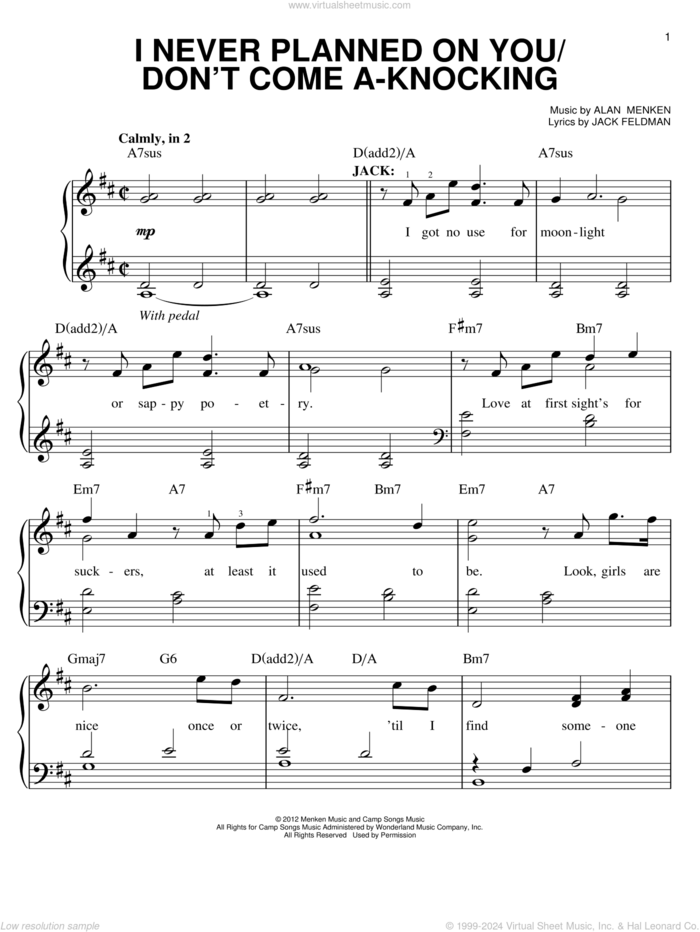 I Never Planned On You/Don't Come A-Knocking sheet music for piano solo by Jack Feldman, Alan Menken and Newsies (Musical), easy skill level