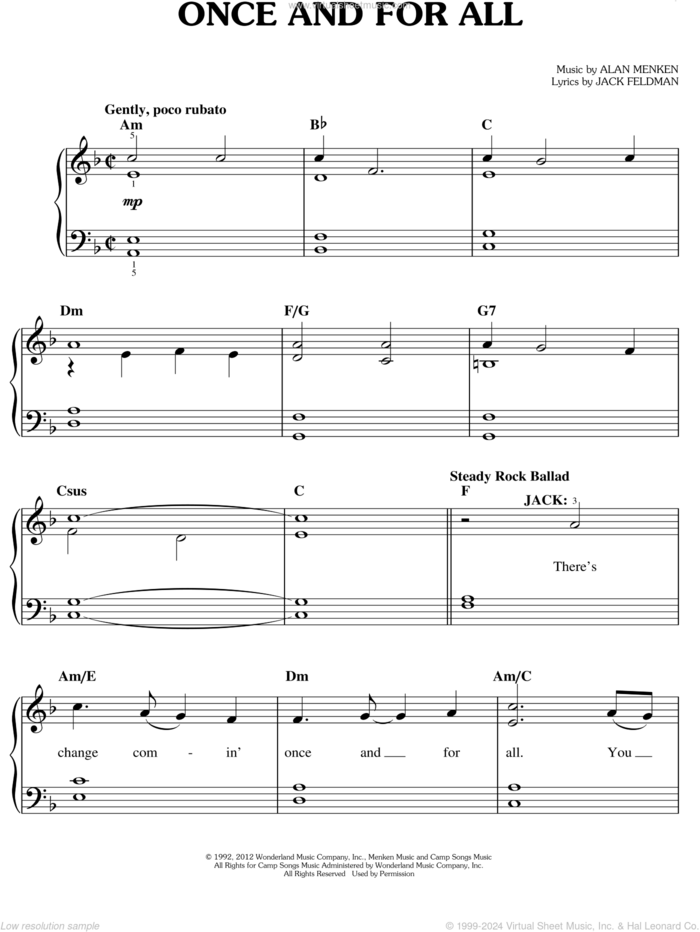 Once And For All sheet music for piano solo by Alan Menken, Jack Feldman and Newsies (Musical), easy skill level