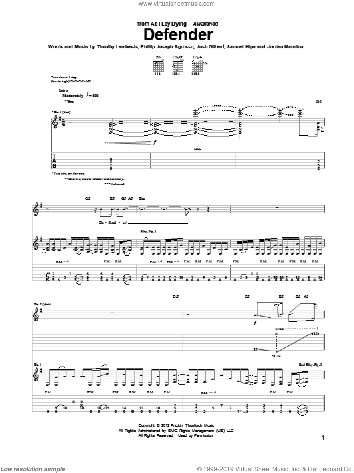 Defender sheet music for guitar (tablature) by As I Lay Dying, intermediate skill level