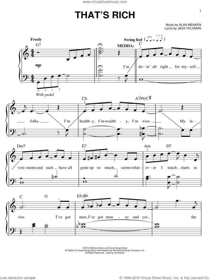 That's Rich sheet music for piano solo by Jack Feldman, Alan Menken and Newsies (Musical), easy skill level