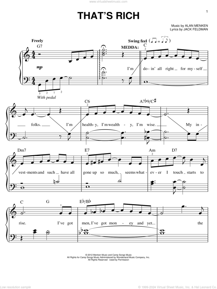 That's Rich sheet music for piano solo by Jack Feldman, Alan Menken and Newsies (Musical), easy skill level