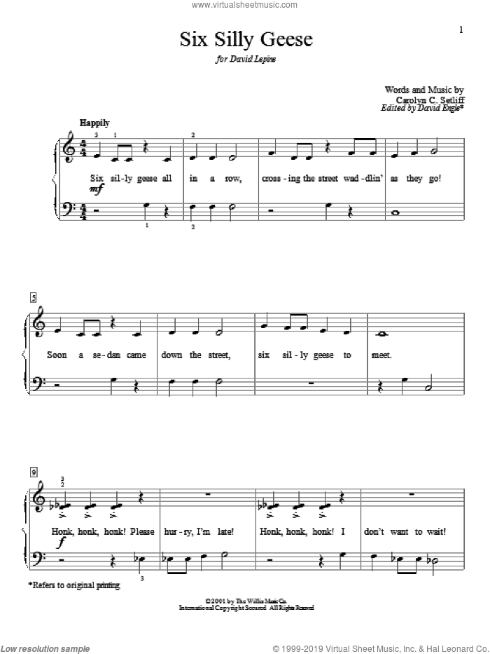 Six Silly Geese sheet music for piano solo (elementary) by Carolyn C. Setliff, beginner piano (elementary)