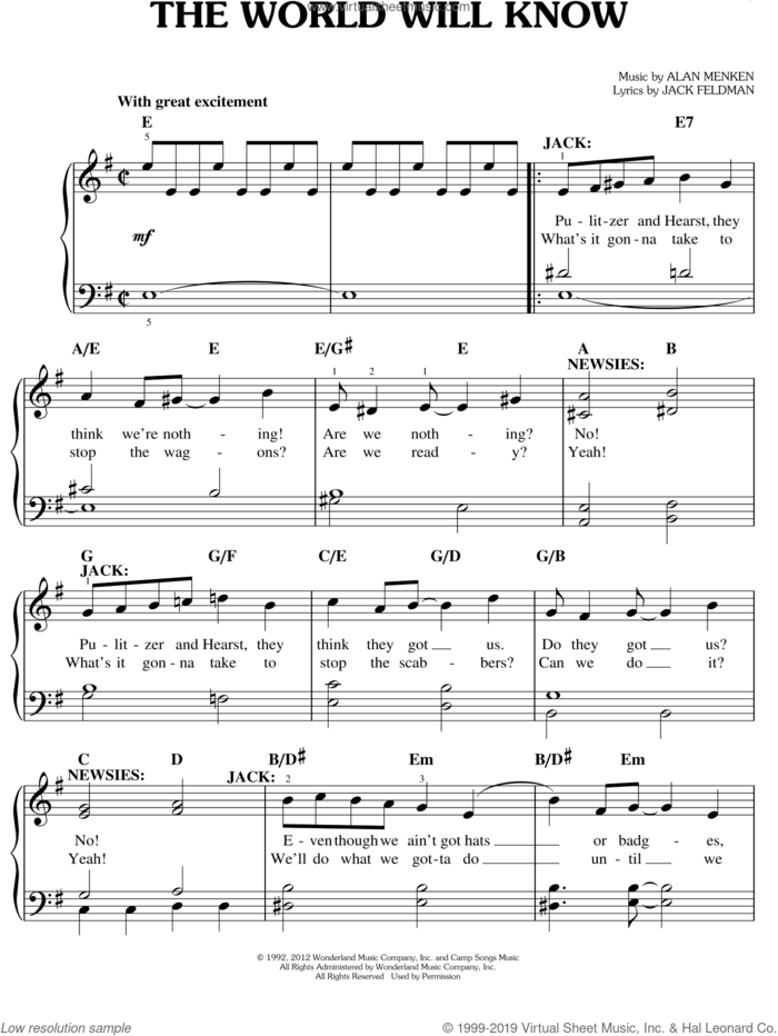 The World Will Know sheet music for piano solo by Jack Feldman, Alan Menken and Newsies (Musical), easy skill level