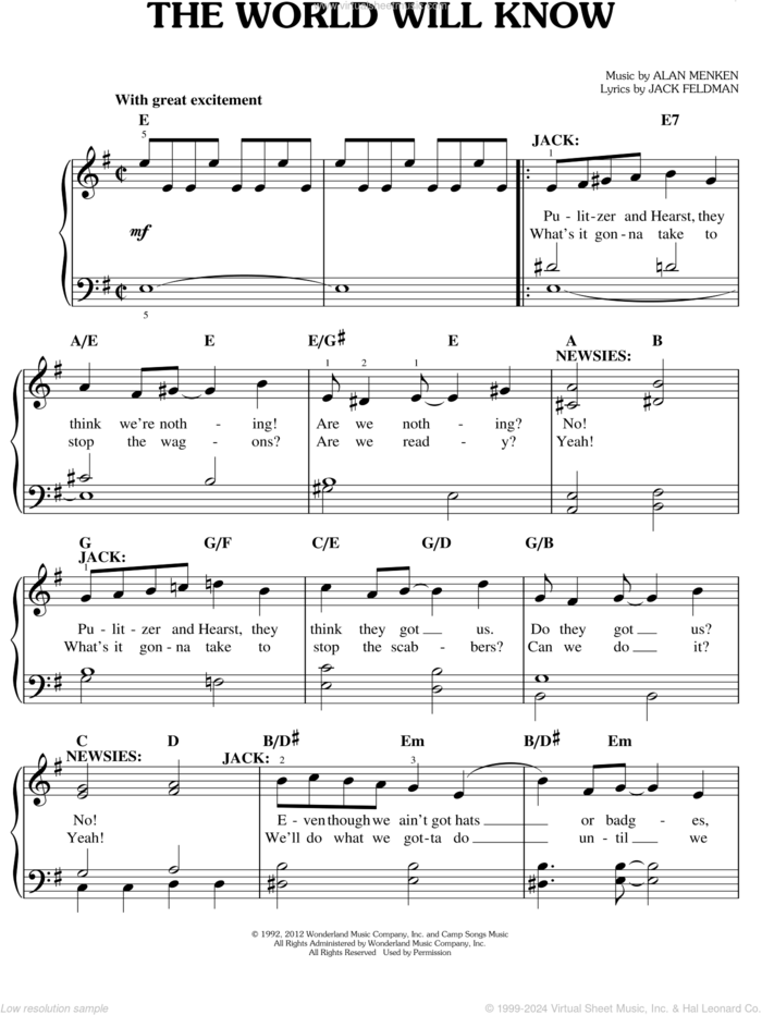 The World Will Know sheet music for piano solo by Jack Feldman, Alan Menken and Newsies (Musical), easy skill level