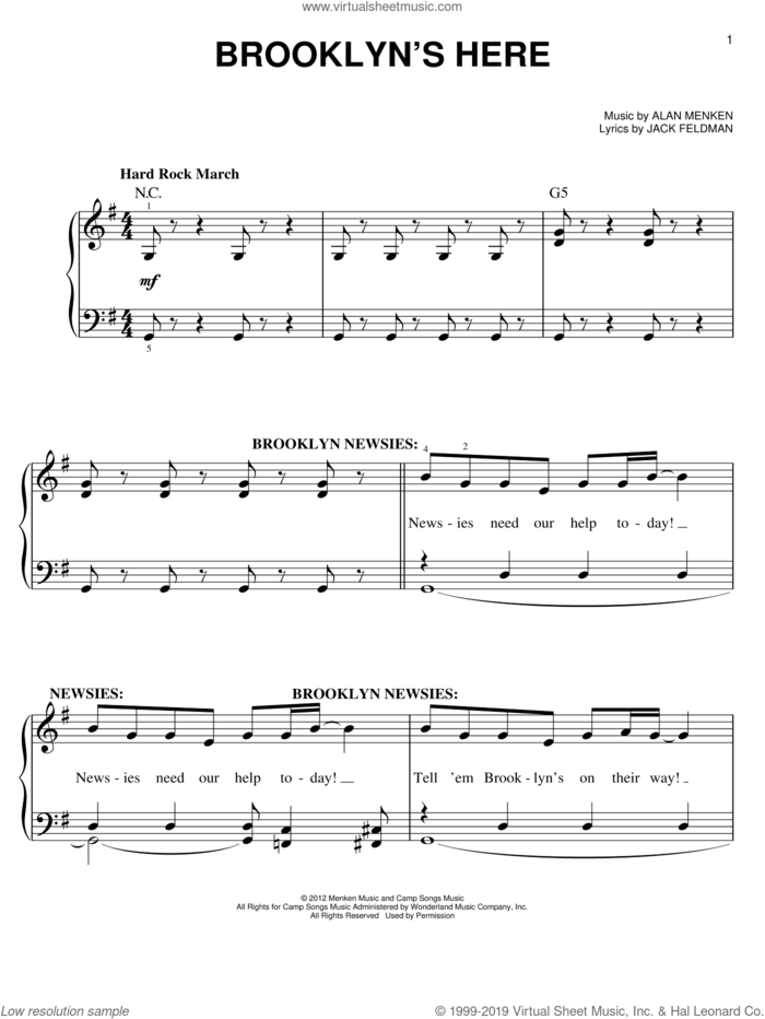 Brooklyn's Here sheet music for piano solo by Jack Feldman, Alan Menken and Newsies (Musical), easy skill level