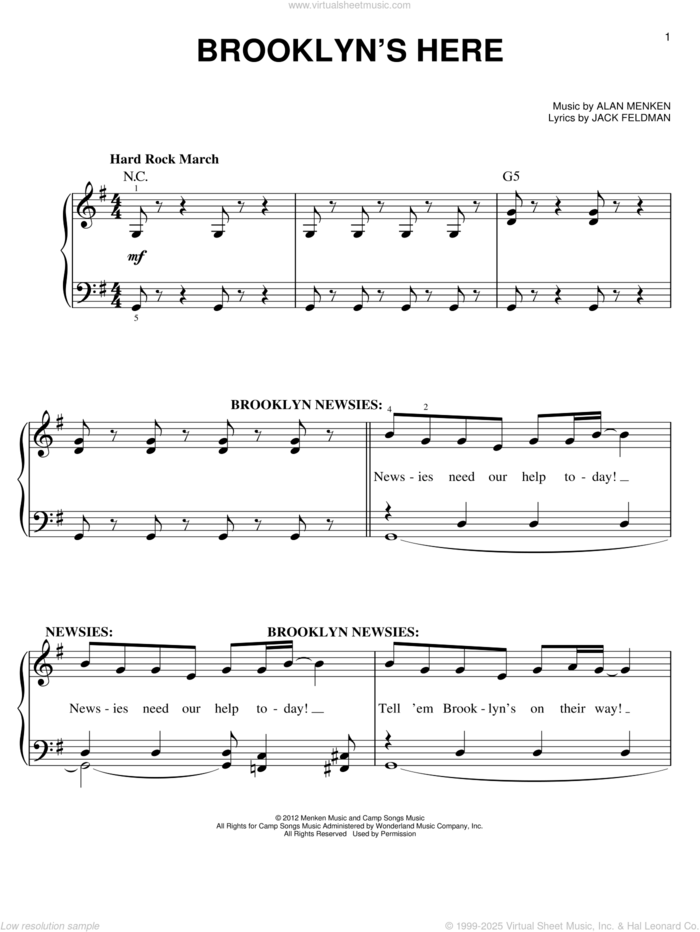 Brooklyn's Here (from Newsies) sheet music for piano solo by Jack Feldman, Alan Menken and Newsies (Musical), easy skill level