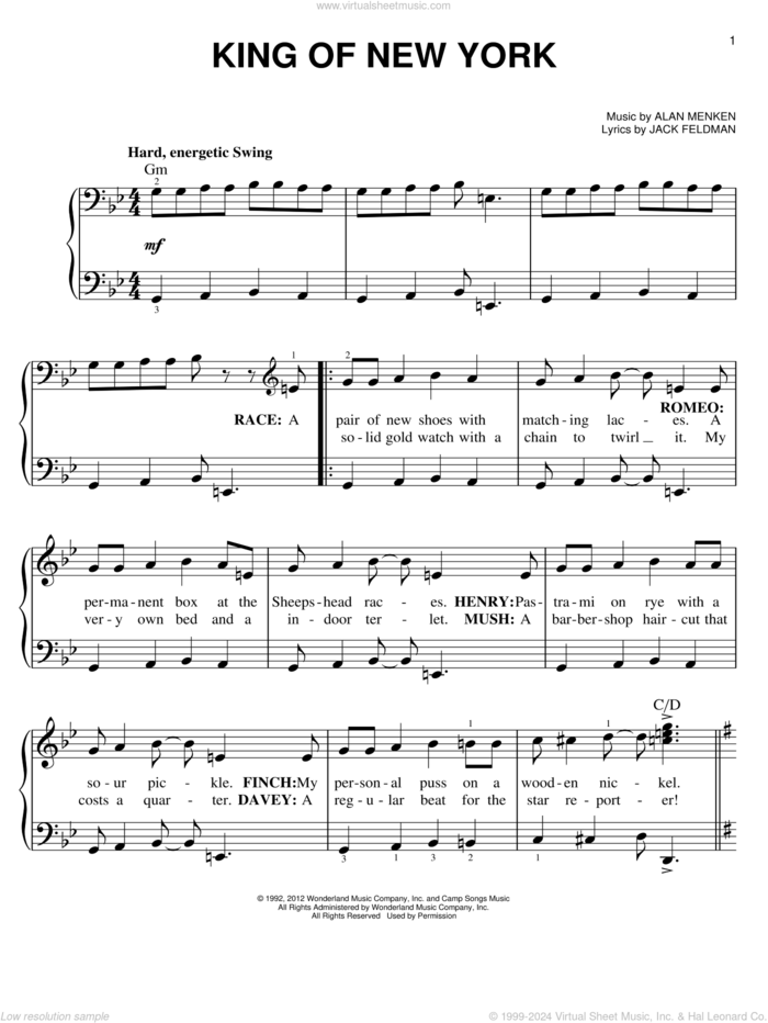 King Of New York sheet music for piano solo by Alan Menken, Jack Feldman and Newsies (Musical), easy skill level