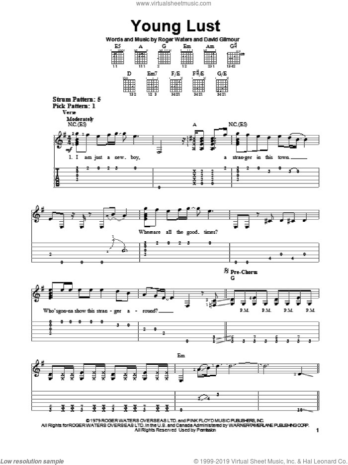Young Lust sheet music for guitar solo (easy tablature) by Pink Floyd, easy guitar (easy tablature)