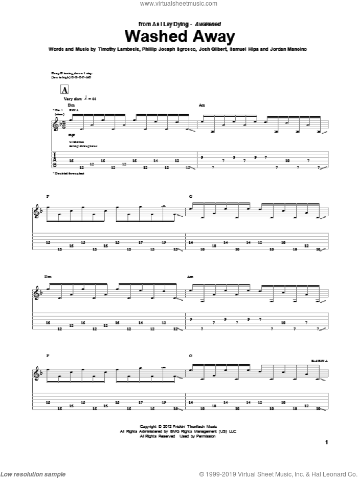 Washed Away sheet music for guitar (tablature) by As I Lay Dying, intermediate skill level