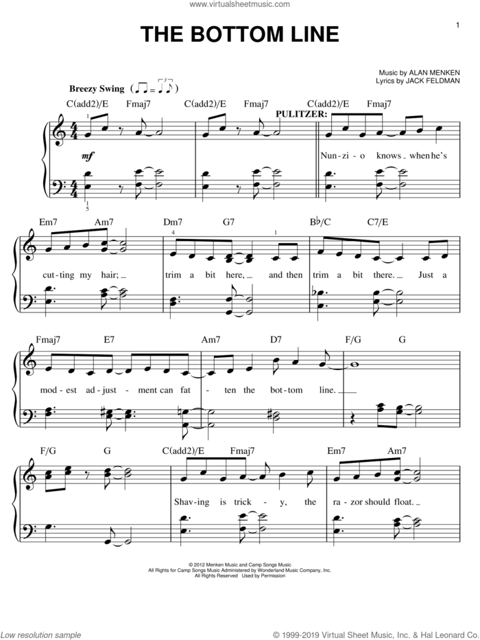 The Bottom Line sheet music for piano solo by Jack Feldman, Alan Menken and Newsies (Musical), easy skill level