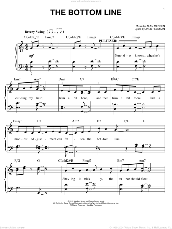 The Bottom Line sheet music for piano solo by Jack Feldman, Alan Menken and Newsies (Musical), easy skill level