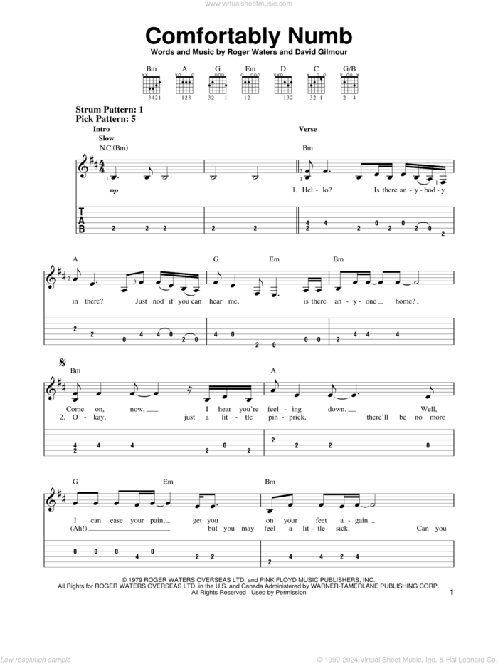 Comfortably Numb sheet music for guitar solo (easy tablature) by Pink Floyd, David Gilmour and Roger Waters, easy guitar (easy tablature)