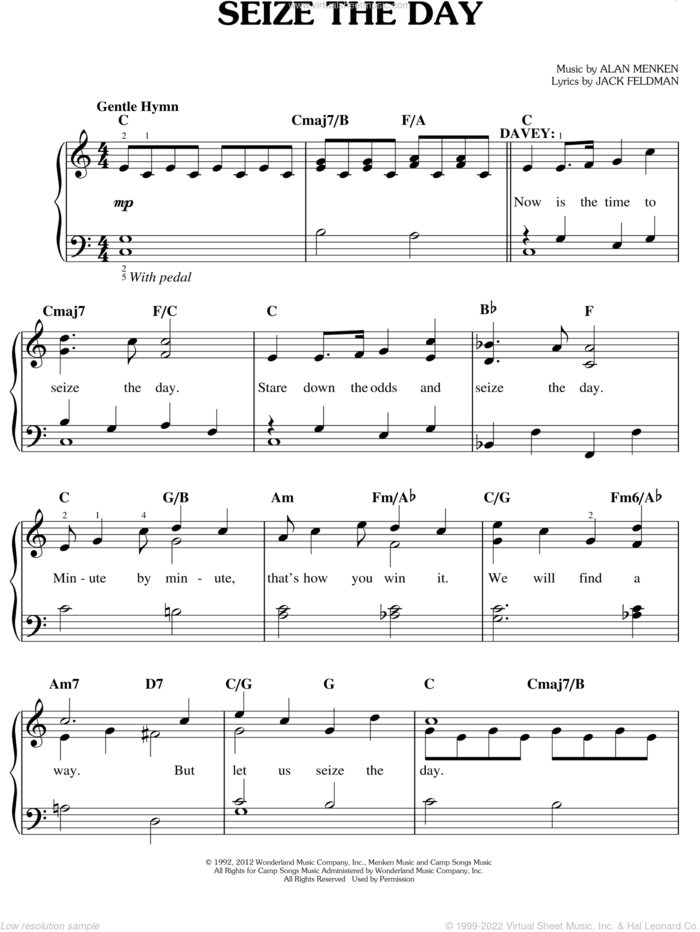 Seize The Day (from Newsies The Musical) sheet music for piano solo by Alan Menken, Alan Menken & Jack Feldman, Jack Feldman and Newsies (Musical), easy skill level