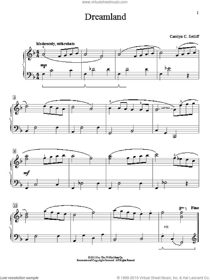 Dreamland sheet music for piano solo (elementary) by Carolyn C. Setliff, beginner piano (elementary)