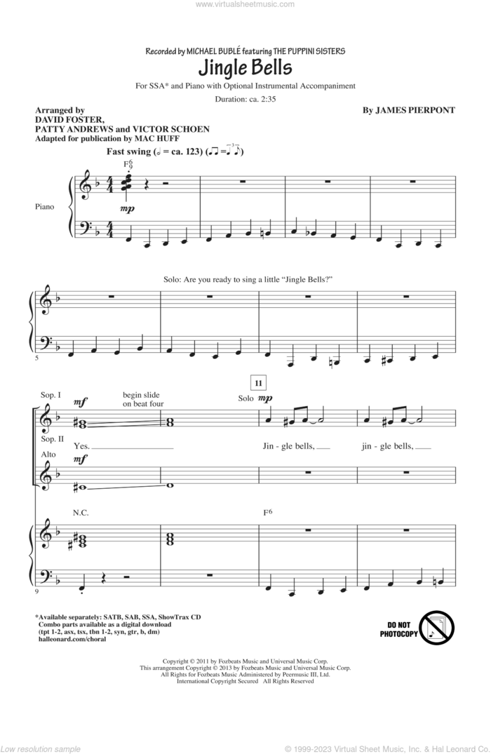 Jingle Bells sheet music for choir (SSA: soprano, alto) by Mac Huff and Michael Buble, intermediate skill level