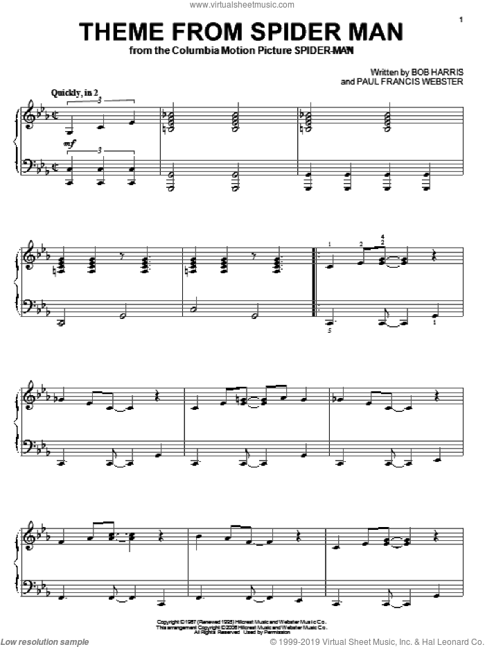 Theme From Spider-Man, (intermediate) sheet music for piano solo by Paul Francis Webster and Bob Harris, intermediate skill level