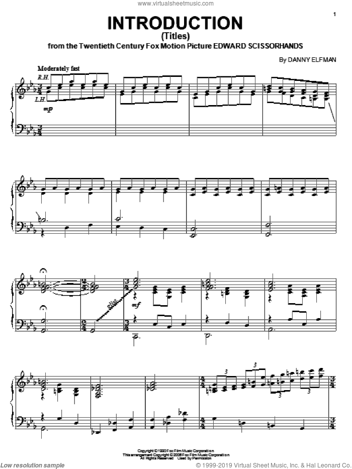 Introduction (Titles) sheet music for piano solo by Danny Elfman, intermediate skill level
