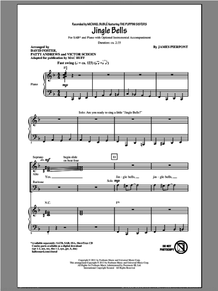 Jingle Bells sheet music for choir (SAB: soprano, alto, bass) by Mac Huff and Michael Buble, intermediate skill level