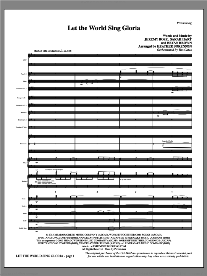 Let The World Sing Gloria (COMPLETE) sheet music for orchestra/band by Heather Sorenson, Bryan Brown, Jeremy Bose and Sarah Hart, intermediate skill level