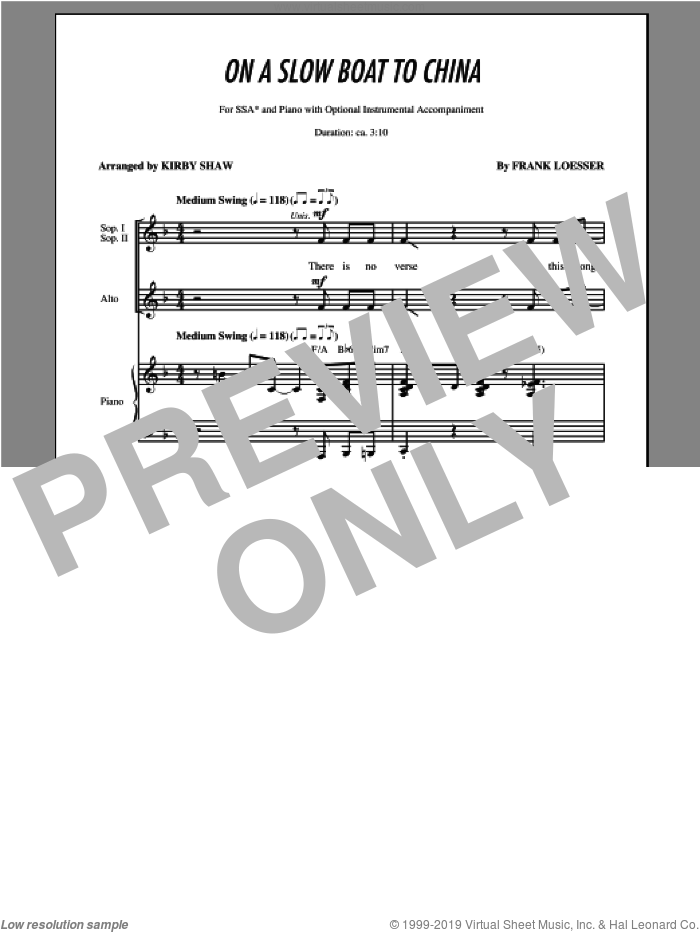 On A Slow Boat To China sheet music for choir (SSA: soprano, alto) by Kirby Shaw, intermediate skill level
