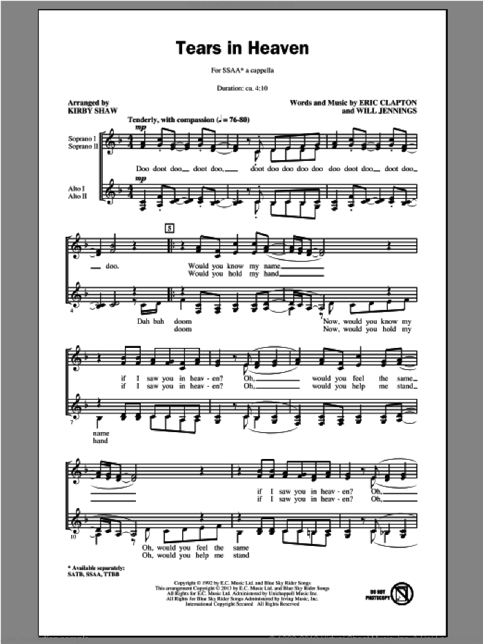 Tears In Heaven (arr. Kirby Shaw) sheet music for choir (SSA: soprano, alto) by Kirby Shaw and Eric Clapton, intermediate skill level