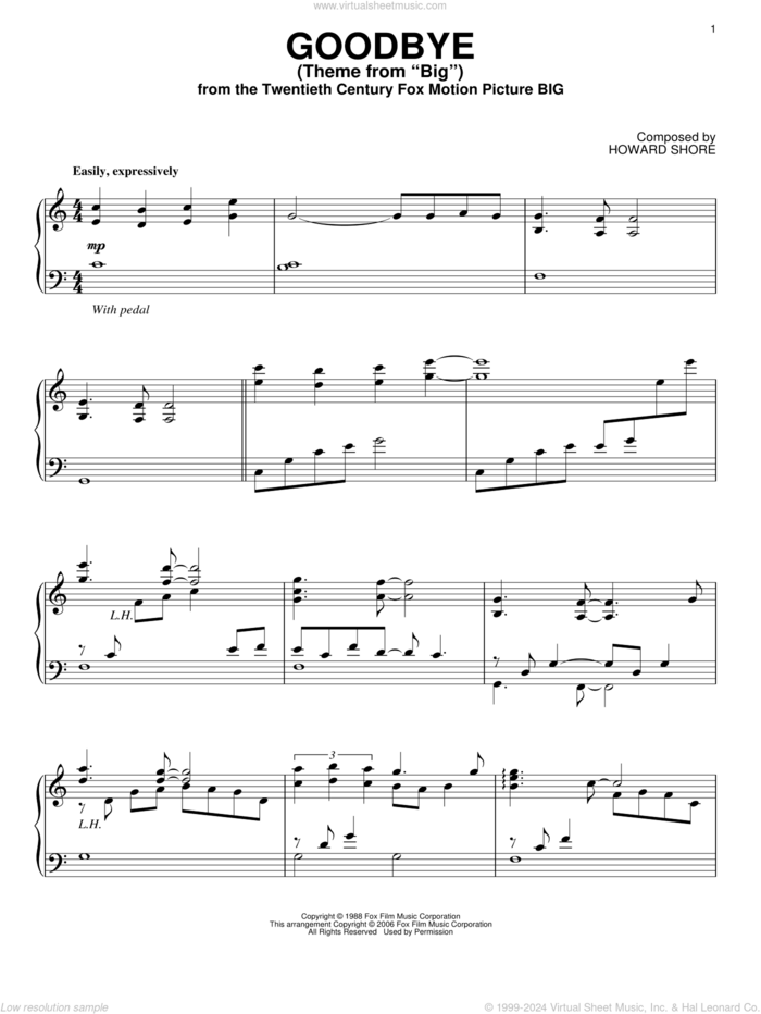 Goodbye (Theme From 'Big') sheet music for piano solo by Howard Shore, intermediate skill level