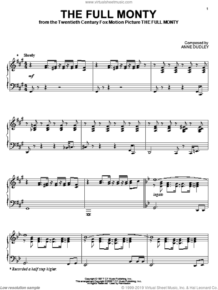 The Full Monty sheet music for piano solo by Anne Dudley, intermediate skill level