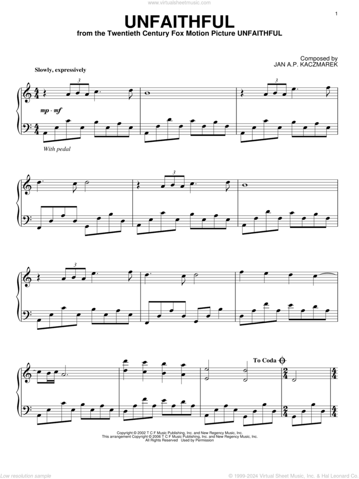 Unfaithful sheet music for piano solo by Jan A.P. Kaczmarek, intermediate skill level