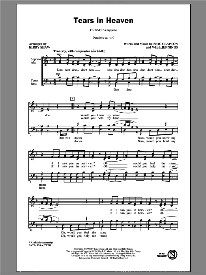 Tears In Heaven (arr. Kirby Shaw) sheet music for choir (SATB: soprano, alto, tenor, bass) by Kirby Shaw and Eric Clapton, intermediate skill level