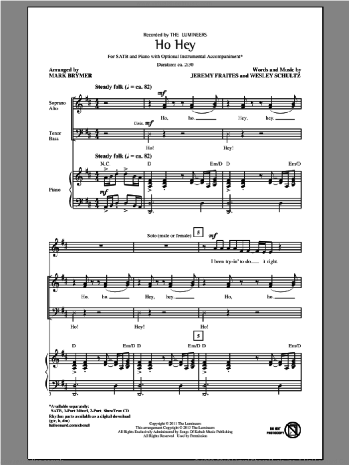 Ho Hey sheet music for choir (SATB: soprano, alto, tenor, bass) by Mark Brymer and The Lumineers, intermediate skill level