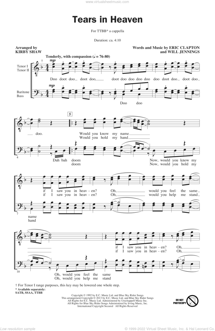 Tears In Heaven (arr. Kirby Shaw) sheet music for choir (TTBB: tenor, bass) by Kirby Shaw and Eric Clapton, intermediate skill level