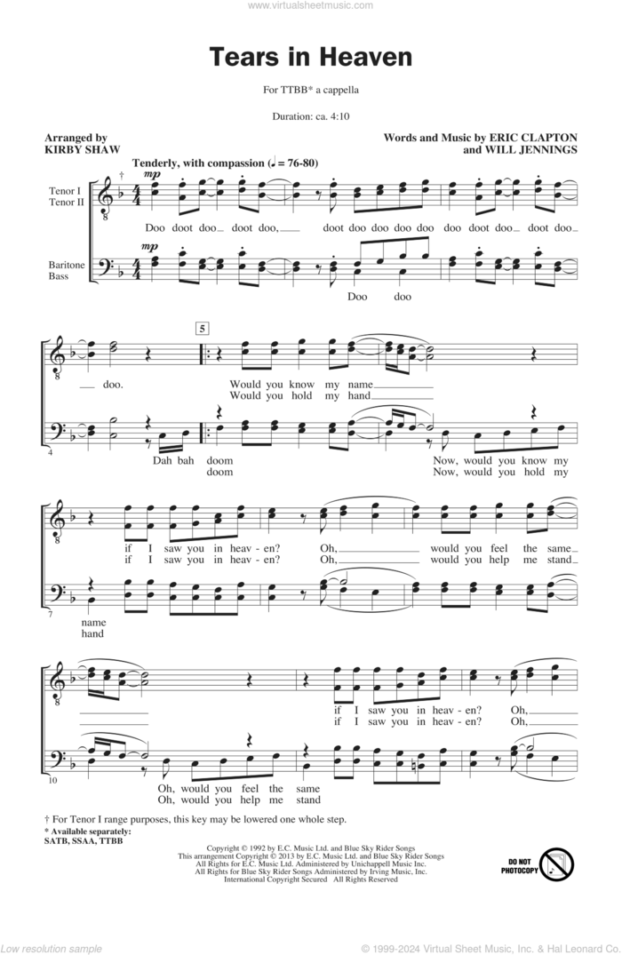 Tears In Heaven (arr. Kirby Shaw) sheet music for choir (TTBB: tenor, bass) by Kirby Shaw and Eric Clapton, intermediate skill level